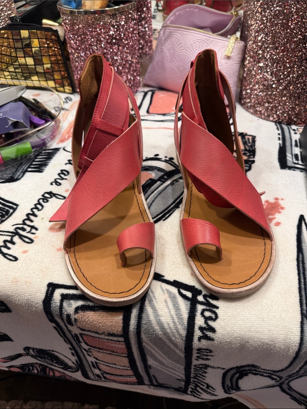 EUC Free People Red Wrap Toe-Ring Sandals.